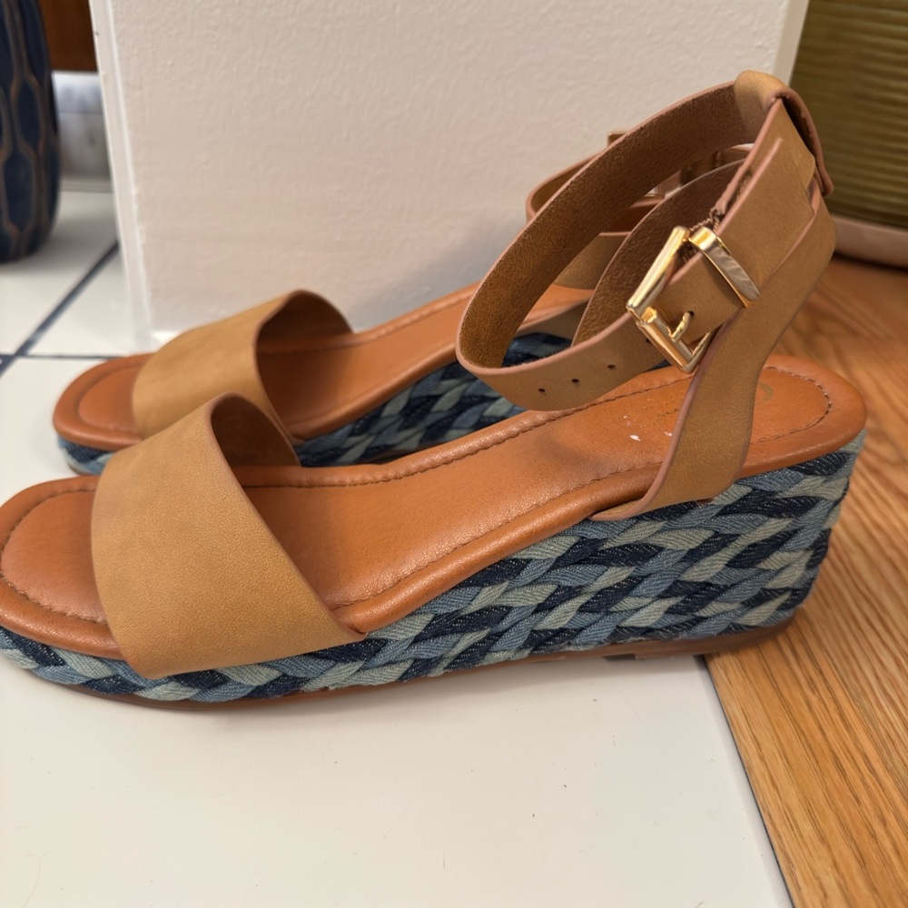 Tan Faux Leather Wedge Sandals with Blue Woven Denim Braid Heel Ankle Strap